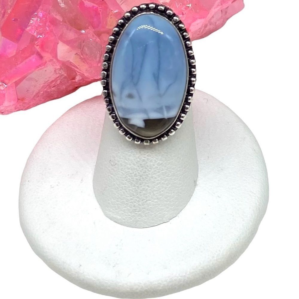 Blue Owyhee Opal Ring 925 Sterling Silver Overlay Size 5 Natural Stone Oval Boho